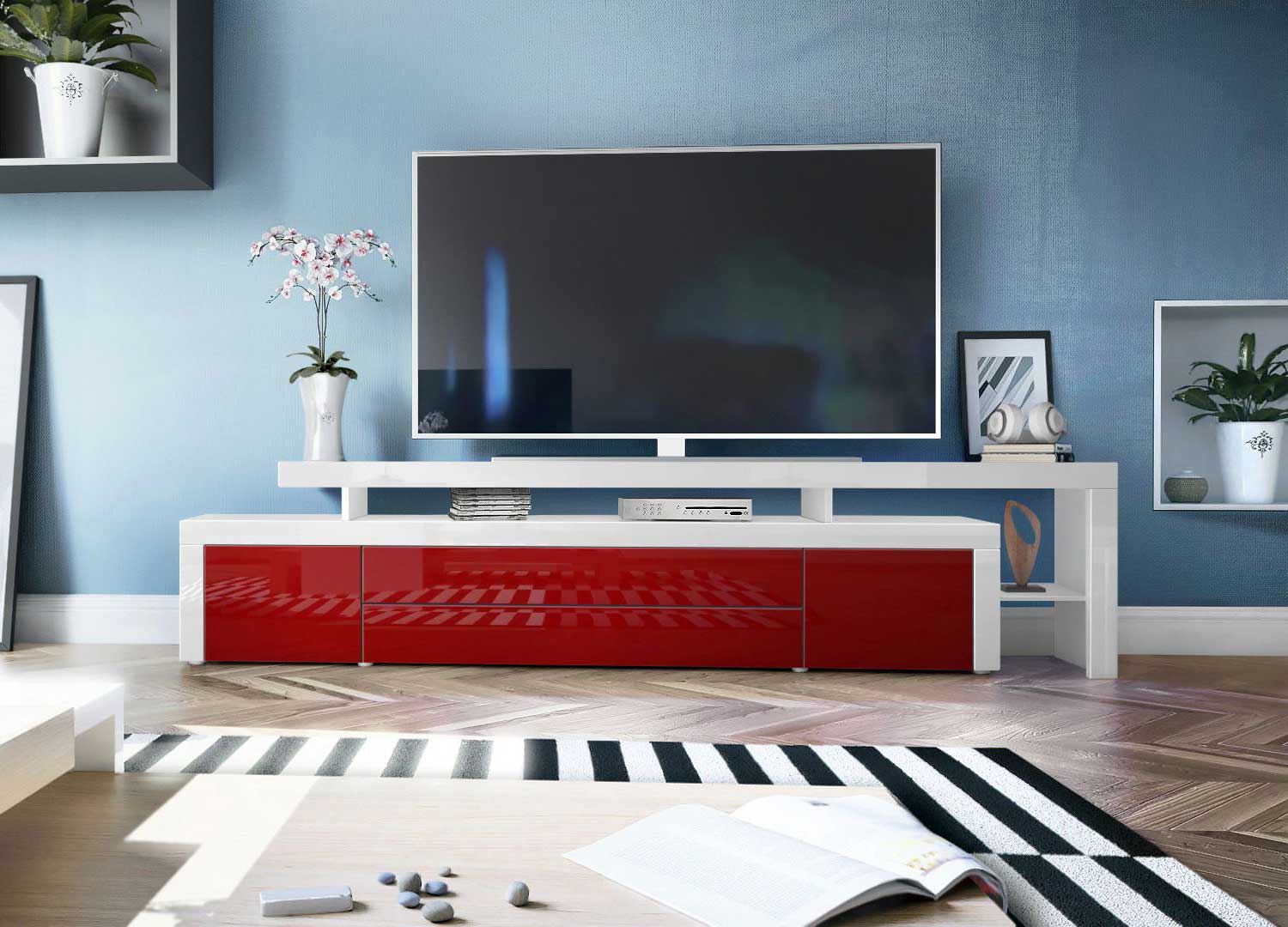 Meuble TV rouge bordeaux moderne avec rangements
