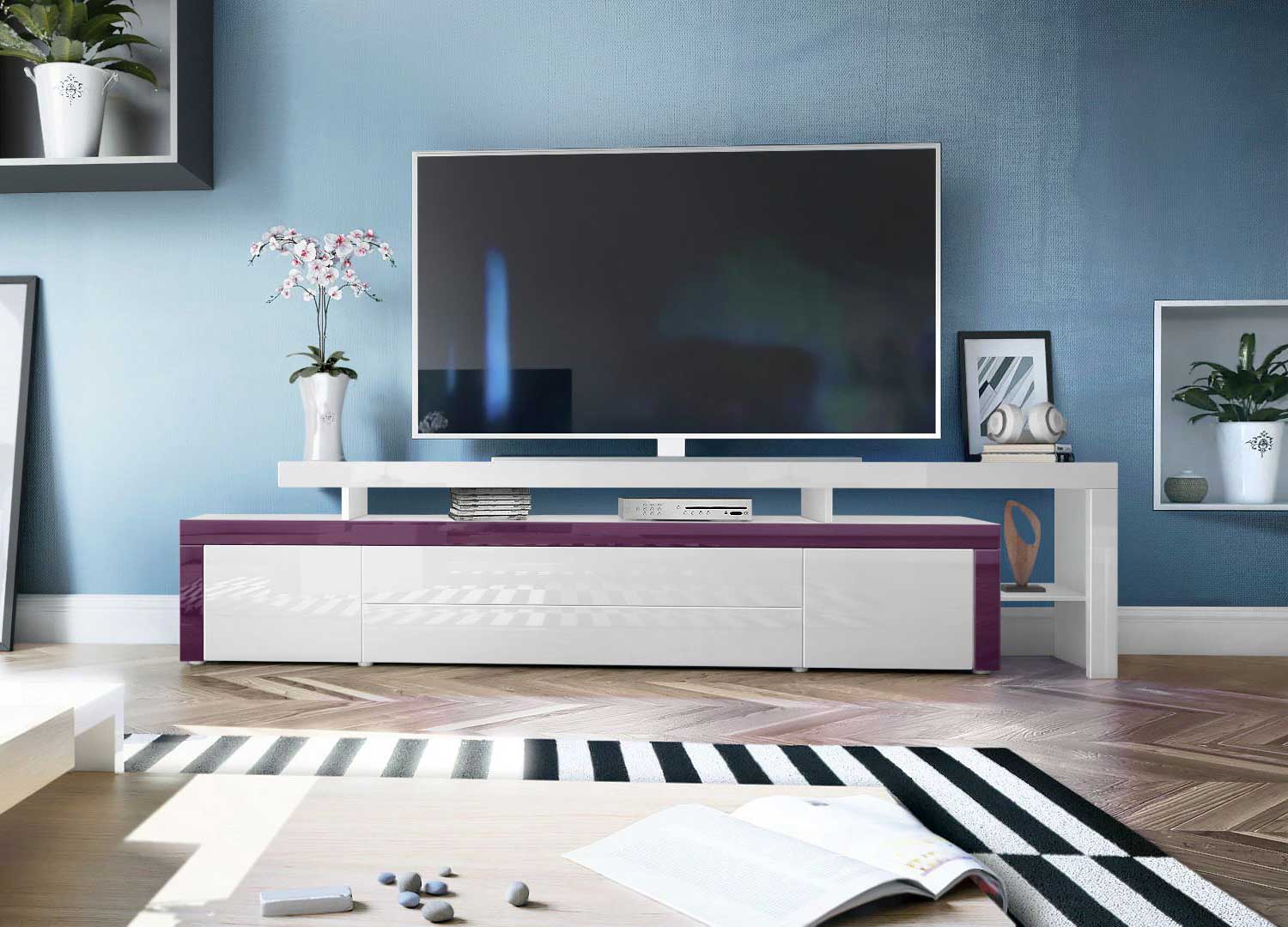 Meuble TV design lilas et blanc