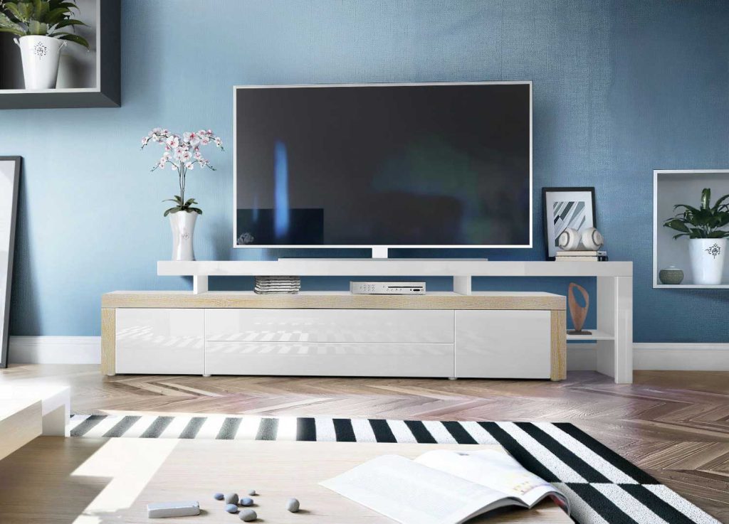 Meuble TV design chêne et blanc