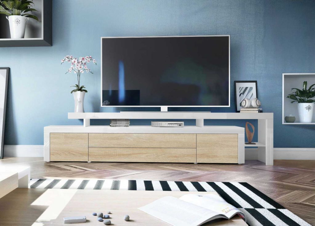 Meuble TV de salon moderne chêne clair et blanc