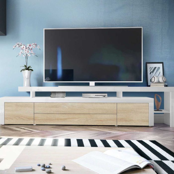 Meuble TV de salon moderne chêne clair et blanc