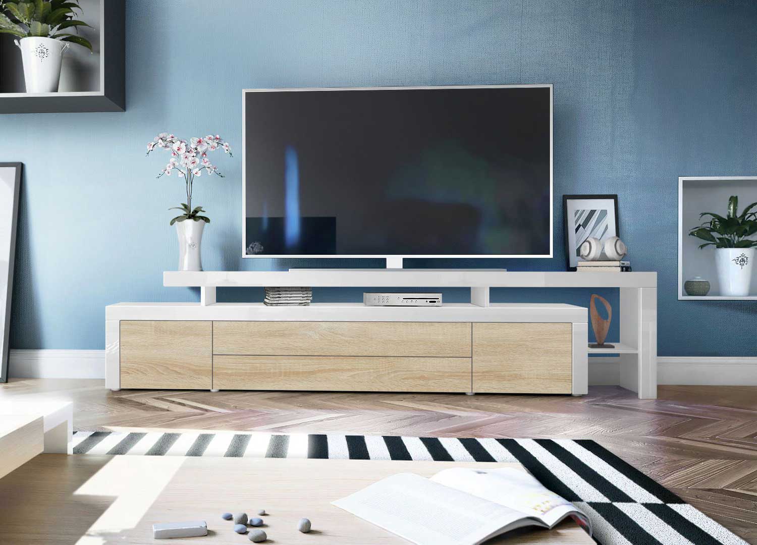 Meuble TV de salon moderne chêne clair et blanc