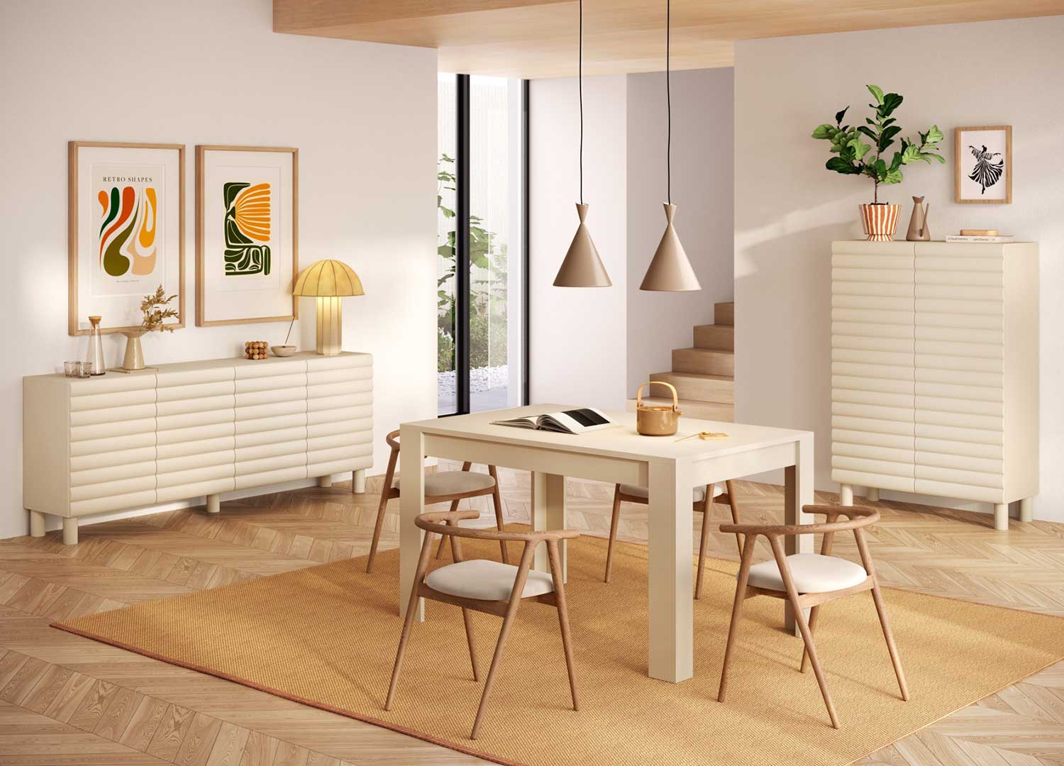 Grand buffet crème ALBA 4 portes dans une salle à manger moderne