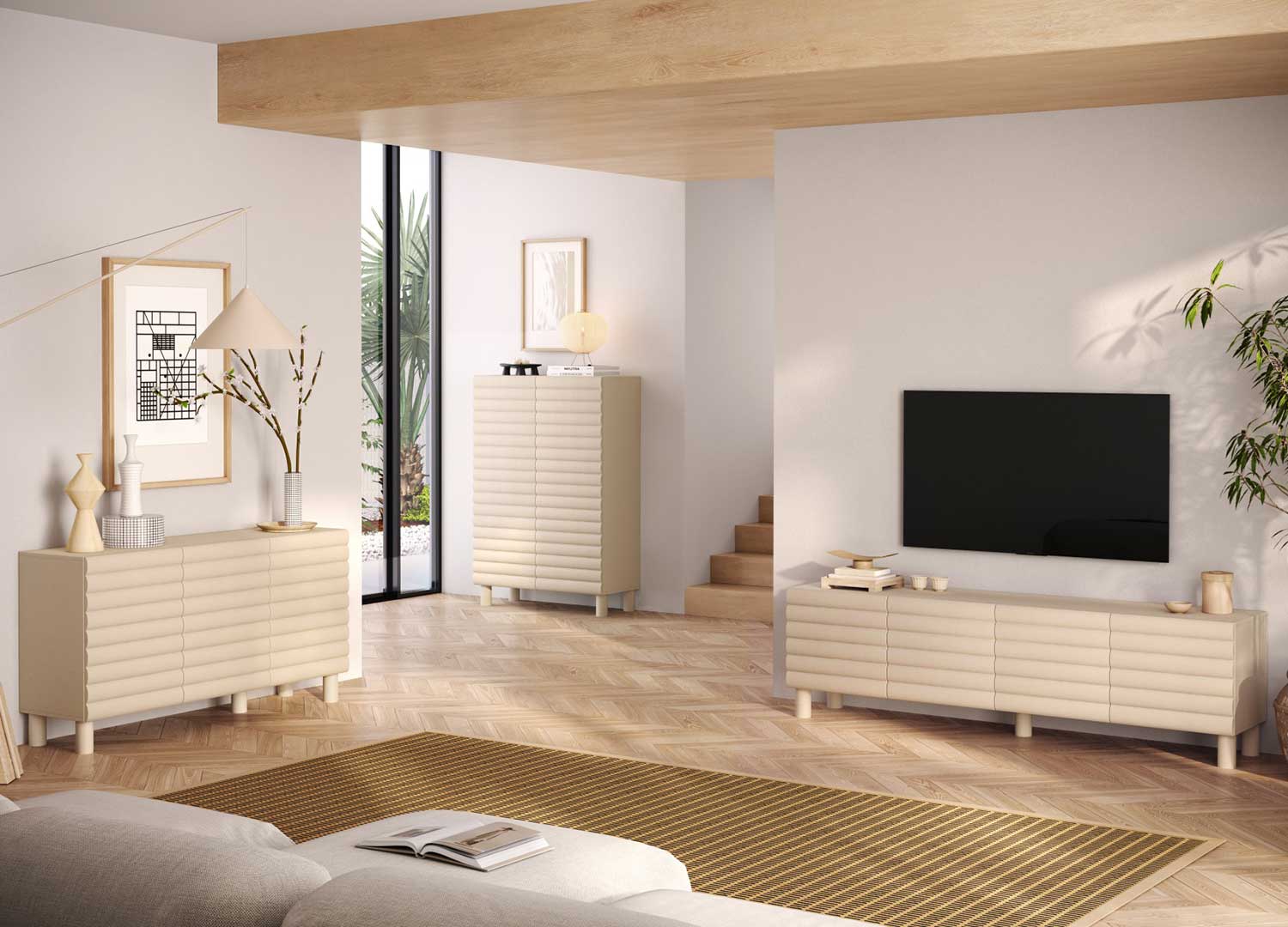 Grand meuble TV crème ALBA 4 portes dans un salon contemporain