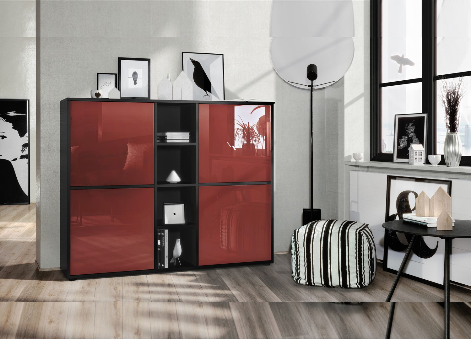 Buffet 4 portes design noir mat avec façades bordeaux laqué