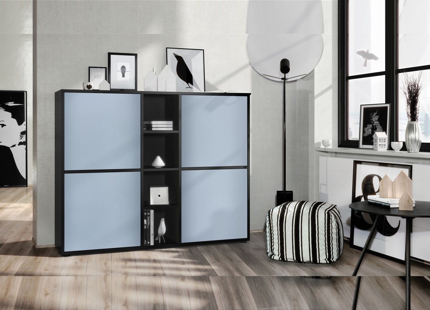 Buffet 4 portes moderne noir mat avec façades coloris denim mat