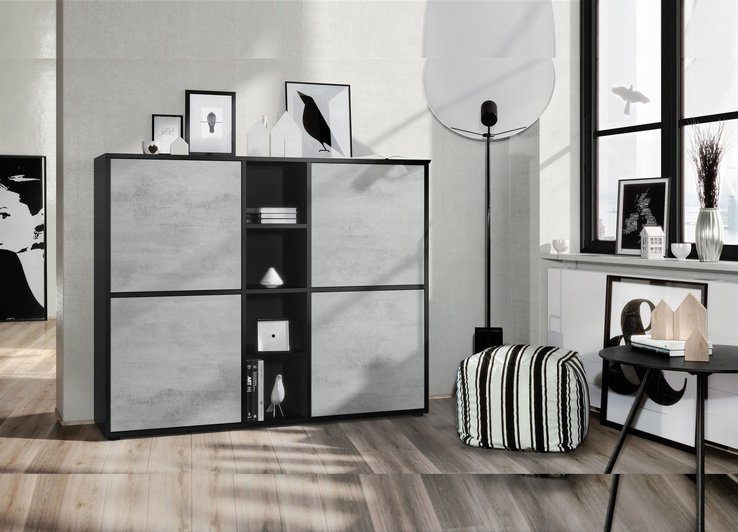 Buffet 4 portes moderne noir mat avec façades aspect béton