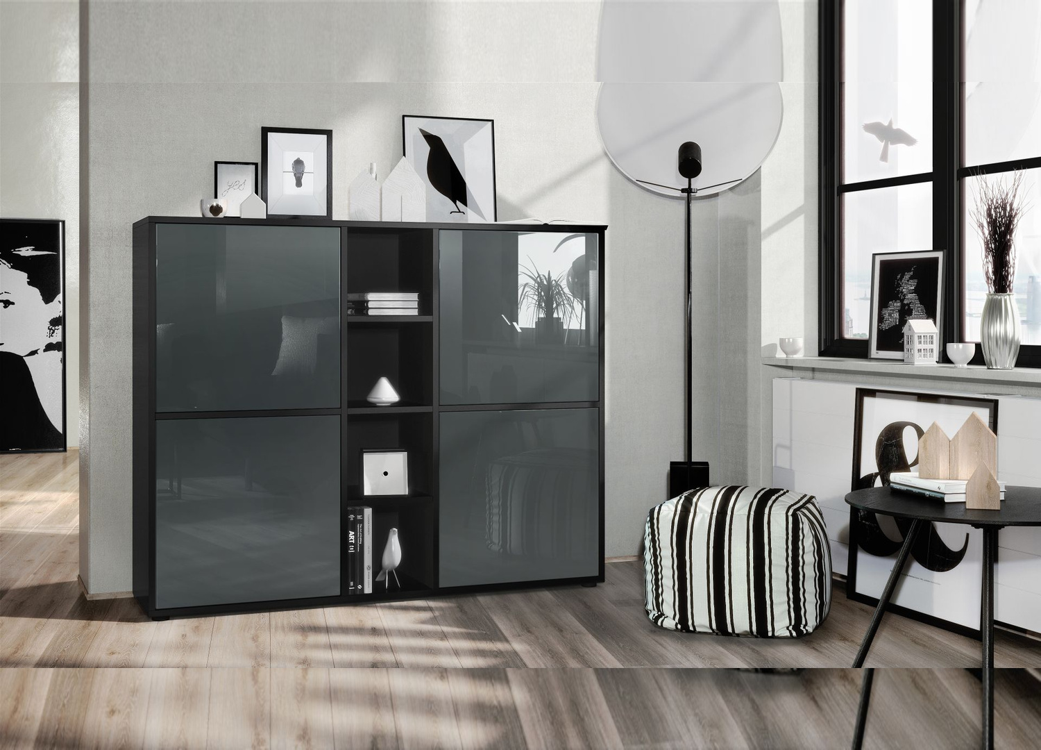 Buffet 4 portes design noir mat avec façades gris laqué