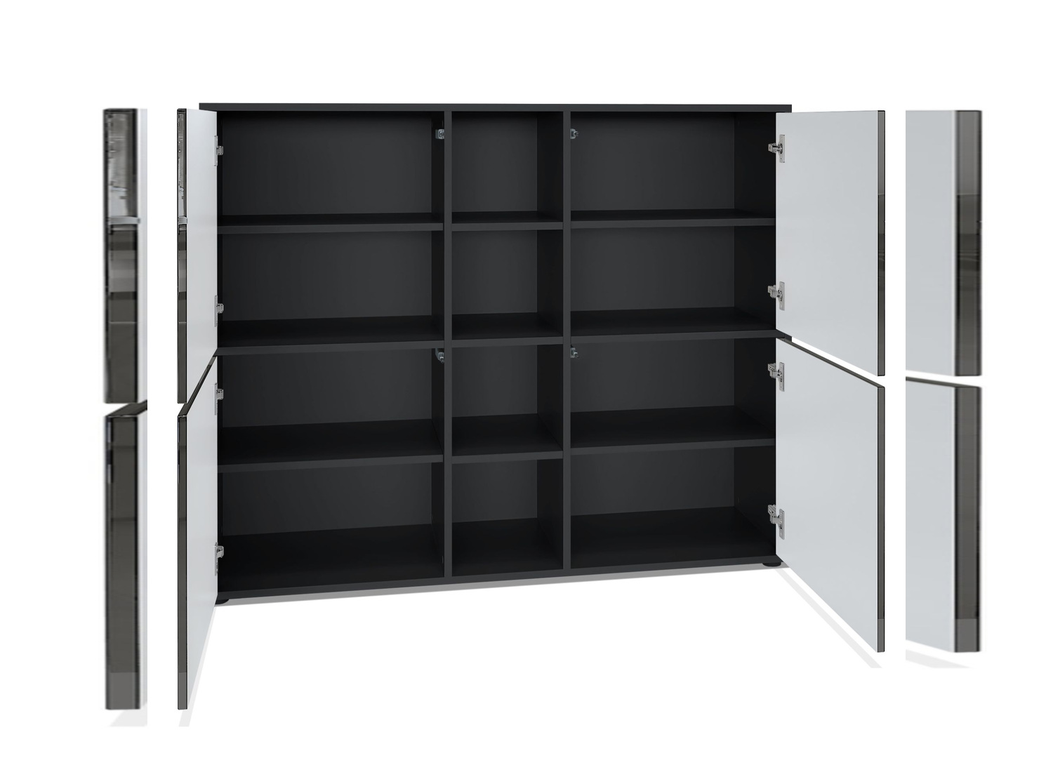 Buffet 4 portes ouvert avec étagères intérieures et espaces de rangement
