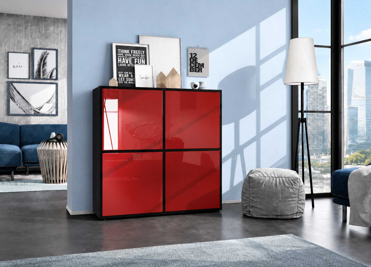 Buffet haut design 4 portes bordeaux laqué brillant avec structure noire