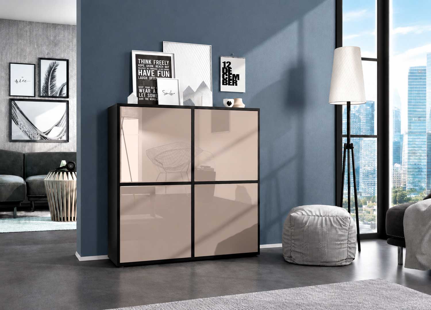 Buffet haut design 4 portes grège laqué avec structure noire