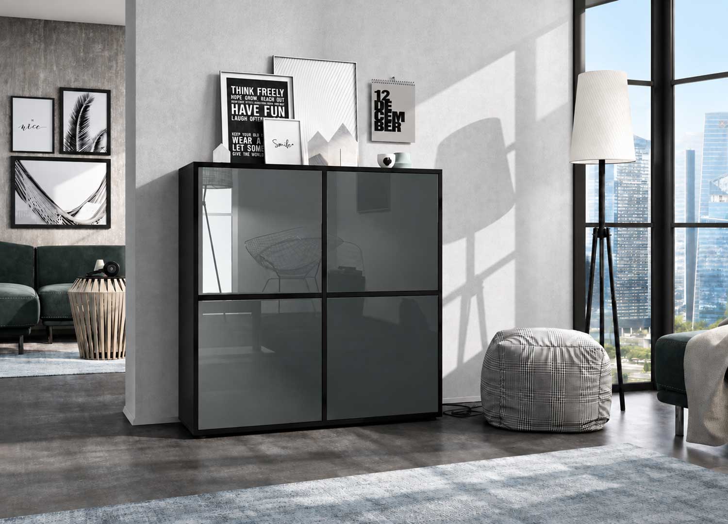 Buffet haut 4 portes gris graphite laqué avec finition brillante