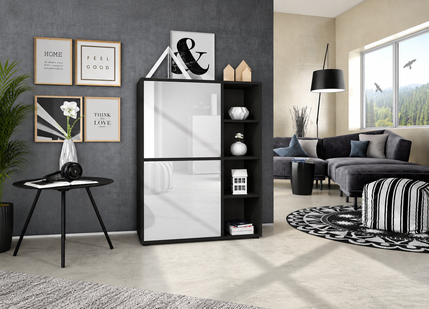 Buffet haut design noir mat avec façades blanc laqué et étagères ouvertes