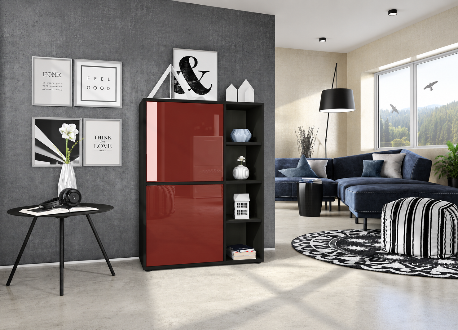 Buffet haut design noir mat avec façades bordeaux laqué