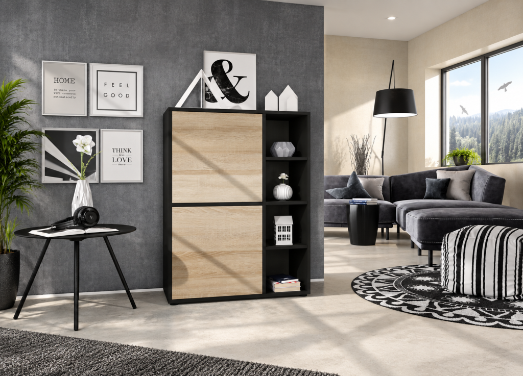 Buffet haut design noir mat avec façades aspect chêne clair
