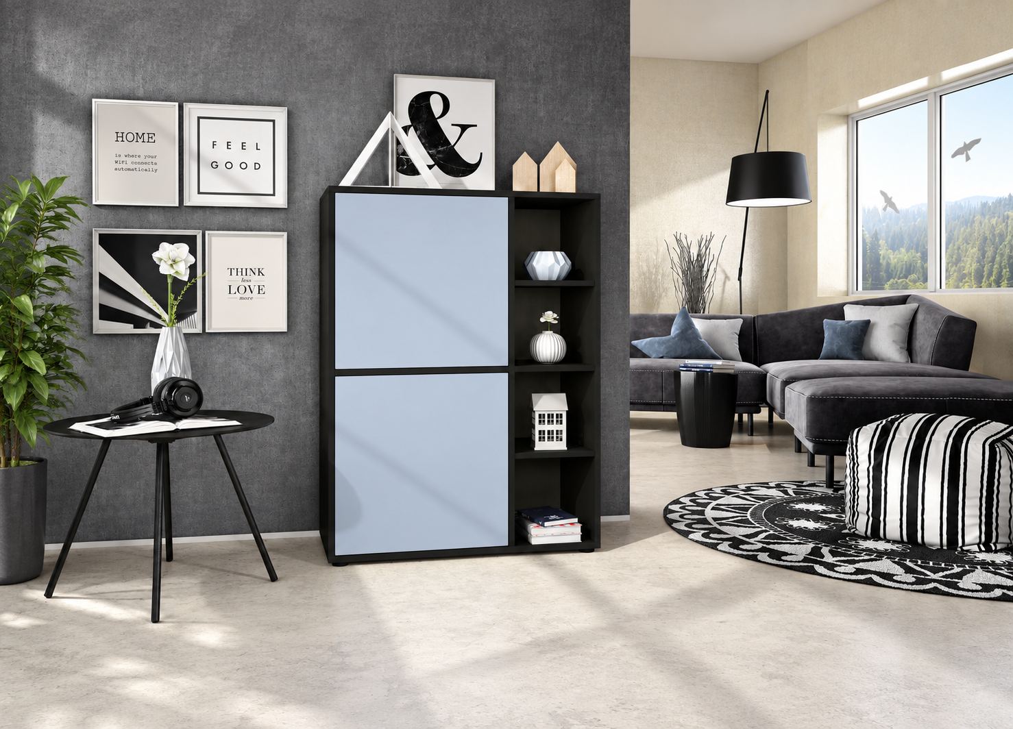 Buffet haut design noir mat avec façades coloris denim mat