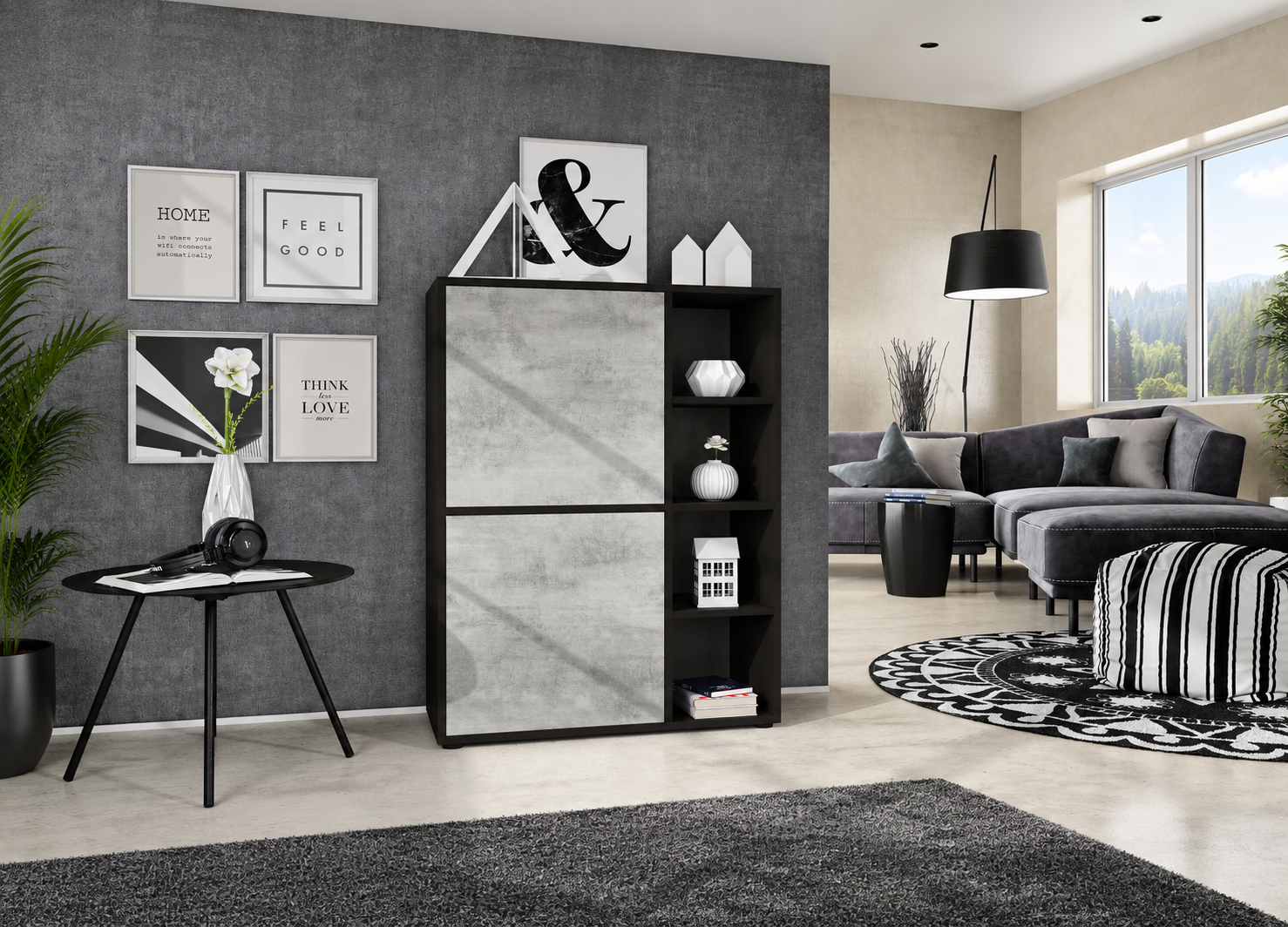 Buffet haut moderne noir mat avec façades aspect béton