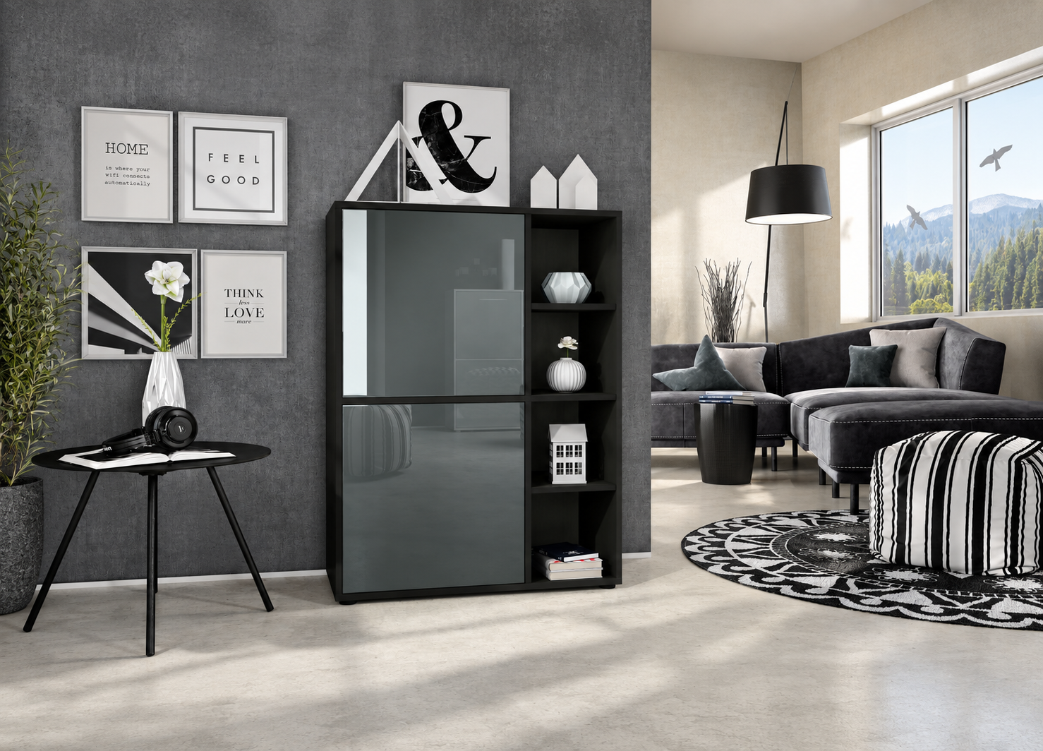 Buffet haut moderne noir mat avec portes gris laqué