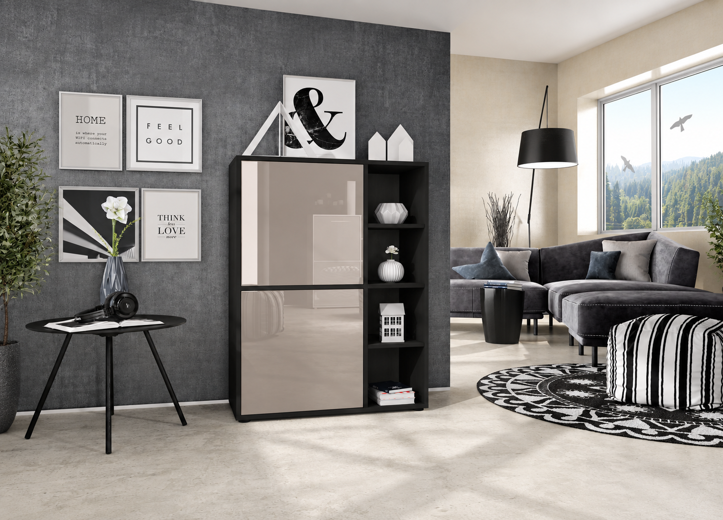 Buffet haut moderne noir mat avec façades grège laqué