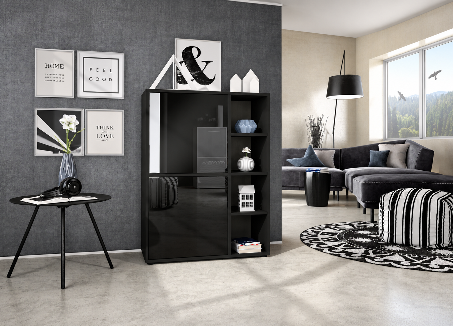 Buffet haut noir laqué design avec structure noire et niches de rangement