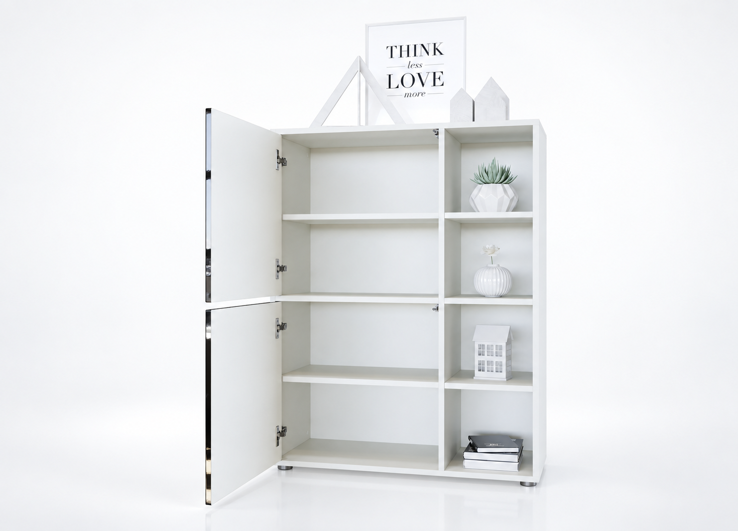Buffet haut blanc avec portes ouvertes et espaces de rangement intérieurs