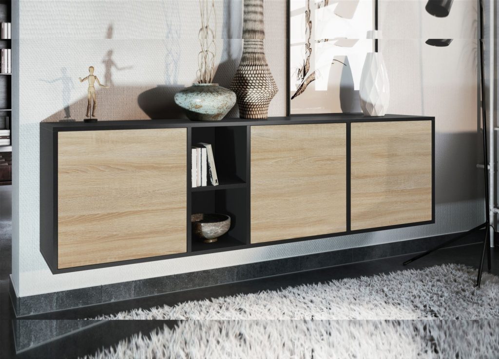 Buffet suspendu design noir mat avec façades aspect chêne naturel