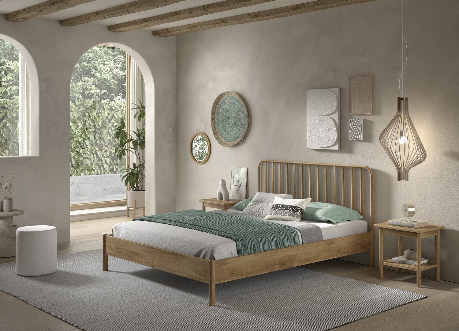 Ensemble chambre ado 160x200 cm chêne à barreaux avec 2 chevets OLIVE M mis en scène dans une chambre naturelle