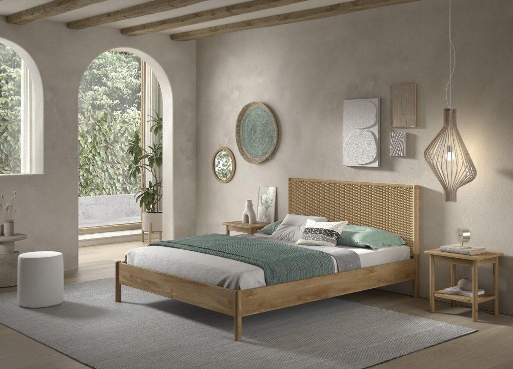 Ensemble chambre ado 160x200 cm chêne et corde tressée avec 2 chevets OLIVE M mis en scène dans une chambre naturelle