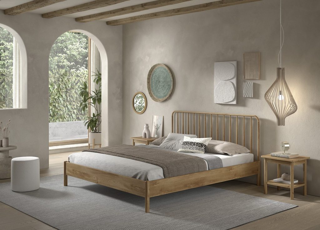 Ensemble chambre ado 180x200 cm chêne à barreaux avec 2 chevets OLIVE M mis en scène dans une chambre naturelle