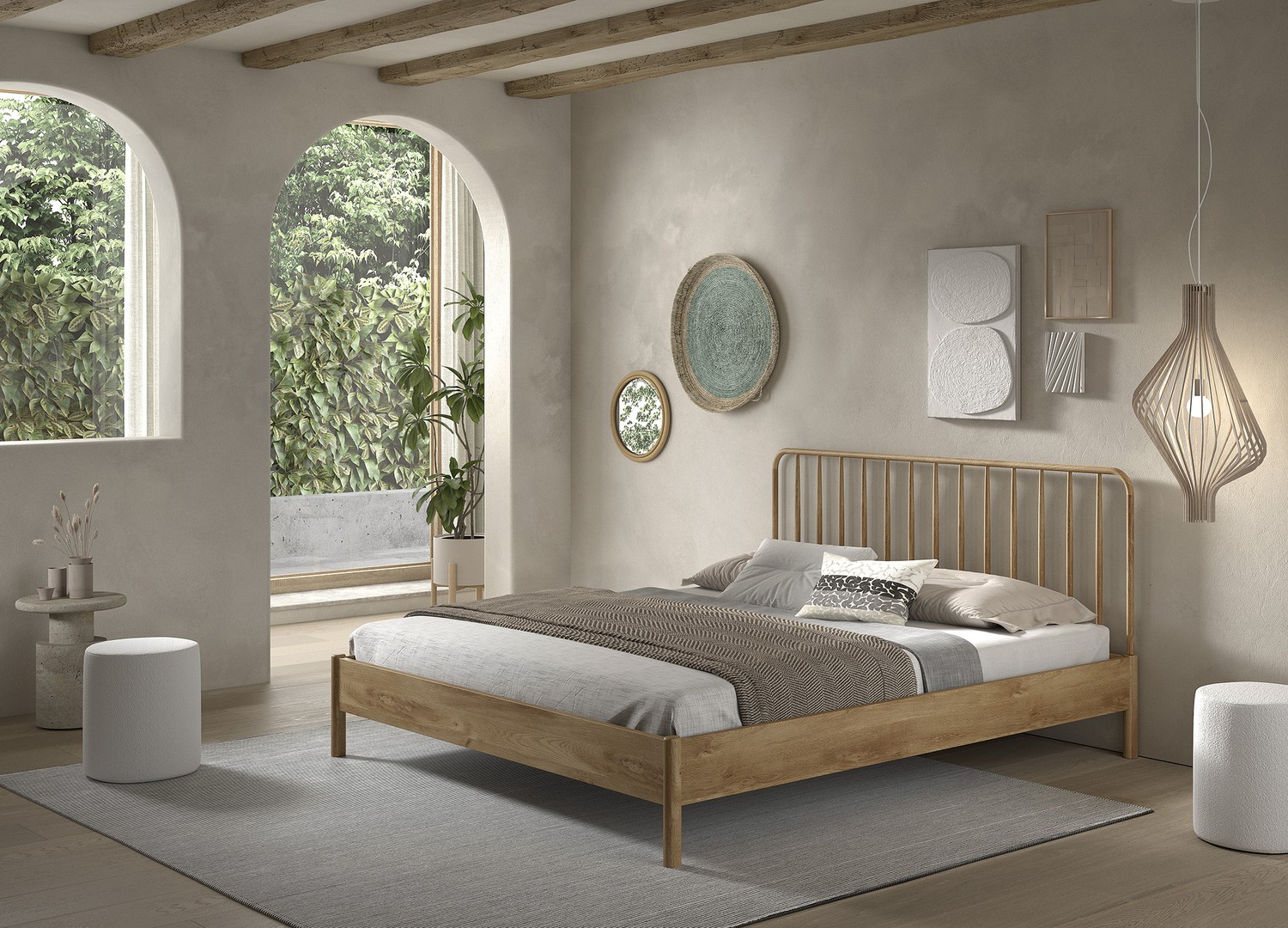 Ensemble chambre ado 180x200 cm chêne à barreaux avec 2 chevets OLIVE M mis en scène dans une chambre naturelle