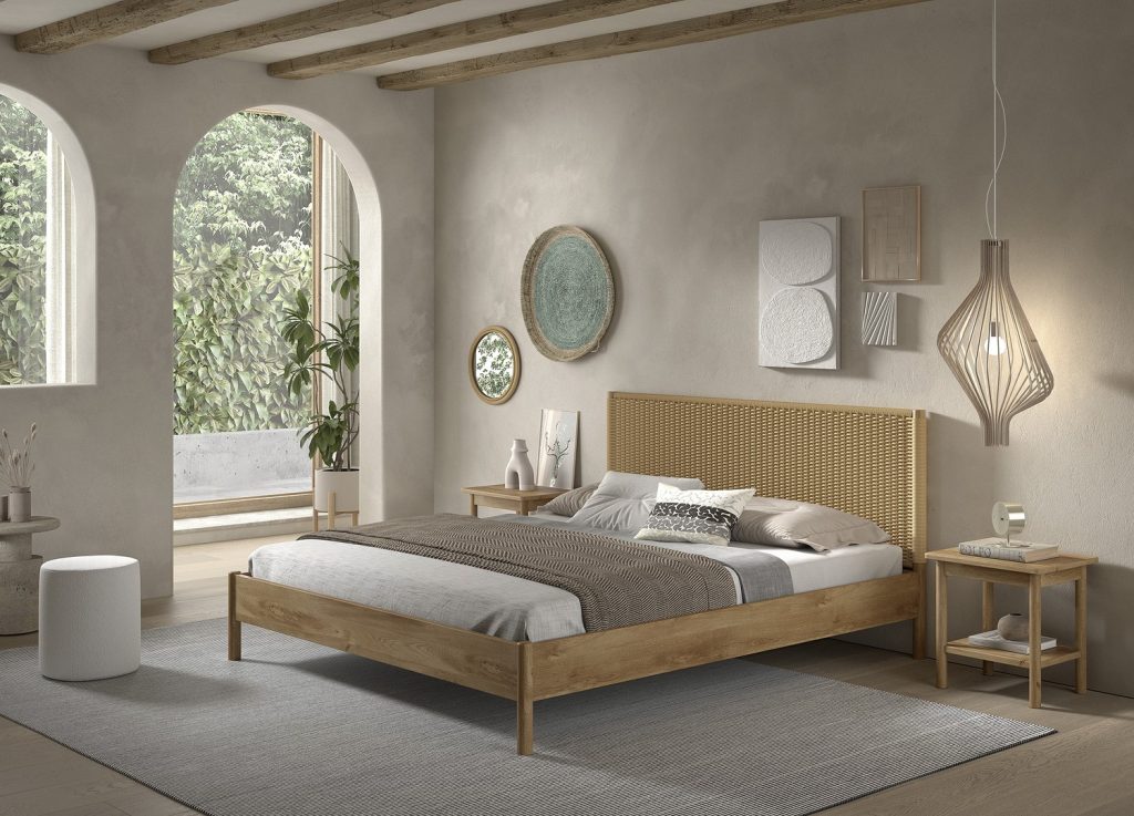 Ensemble chambre ado 180x200 cm chêne et corde tressée avec 2 chevets OLIVE M mis en scène dans une chambre naturelle