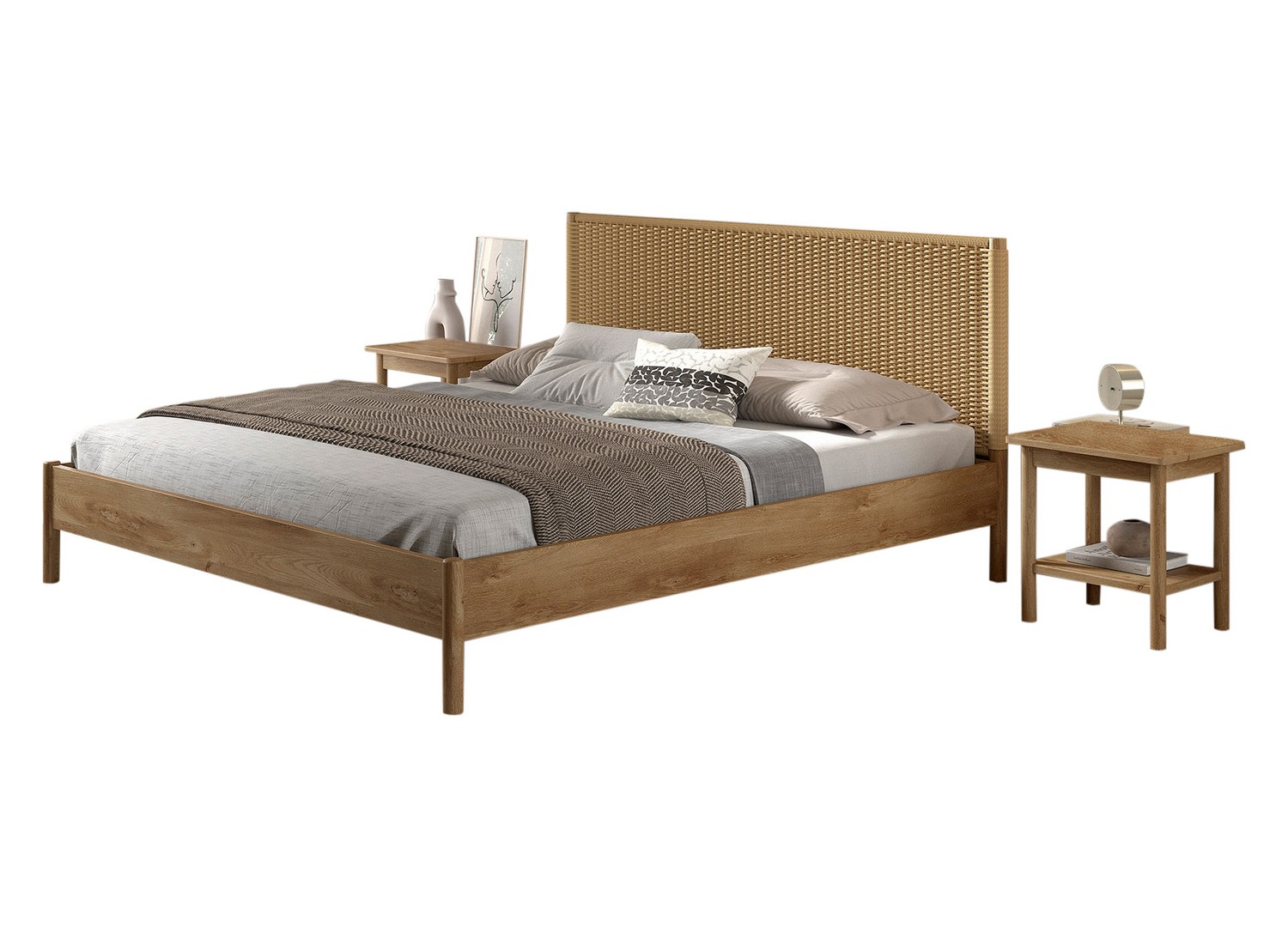 Ensemble chambre ado 180x200 cm chêne et corde tressée avec 2 chevets OLIVE M - vue produit