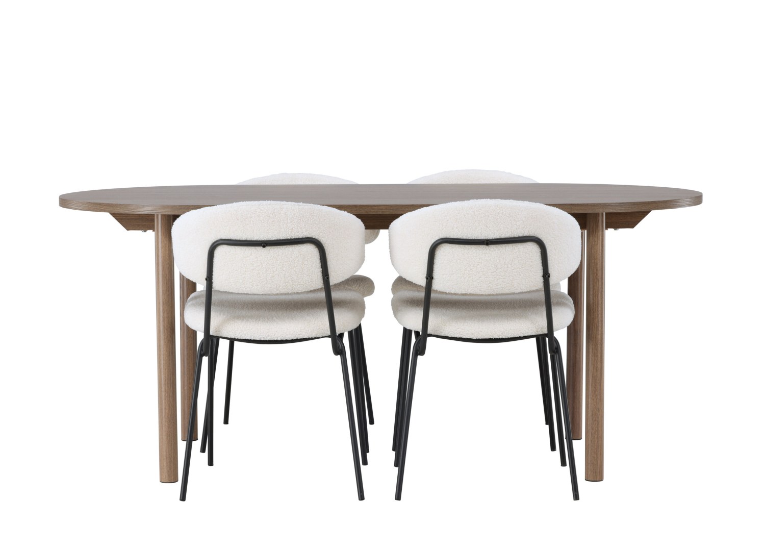 Vue produit de l’ensemble table ovale Andy avec 4 chaises Chico