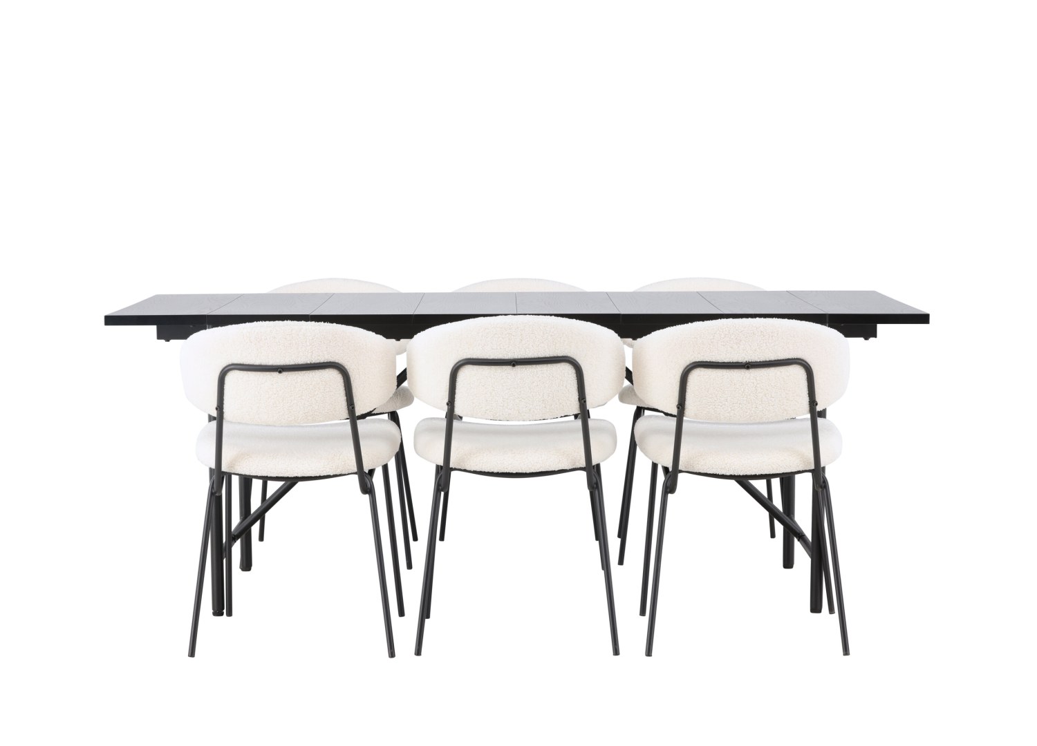 Vue produit de l’ensemble table rectangulaire Astrid avec 6 chaises Chico
