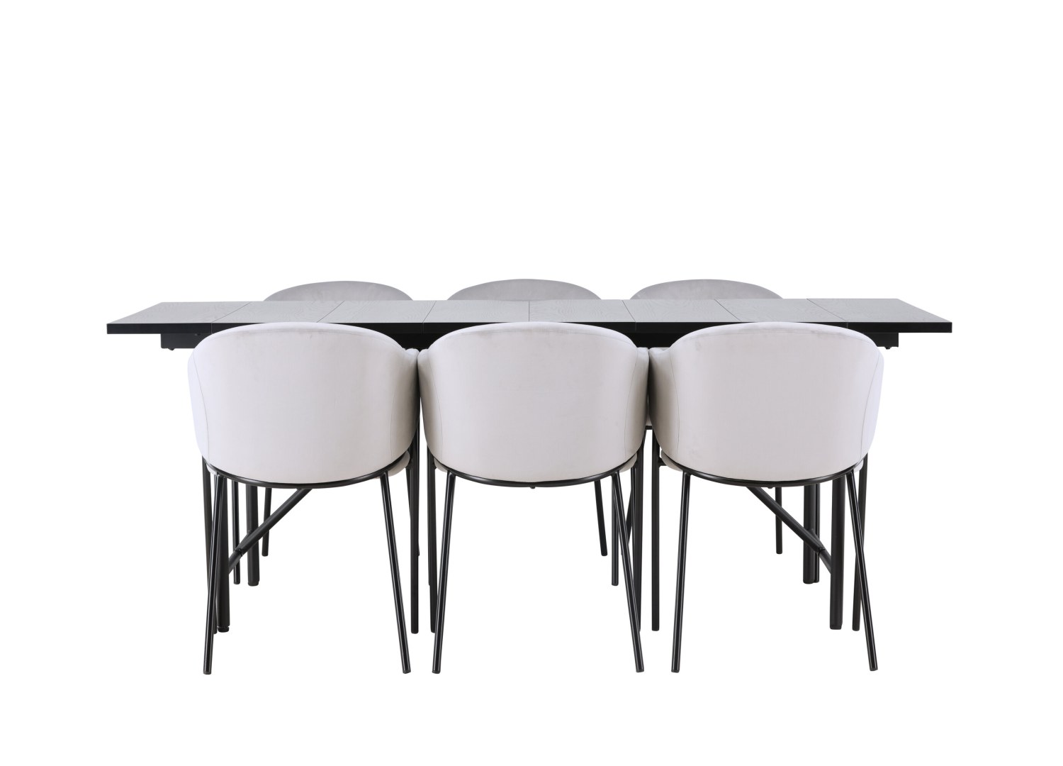 Vue produit de l’ensemble table rectangulaire Astrid avec 6 chaises Evelina