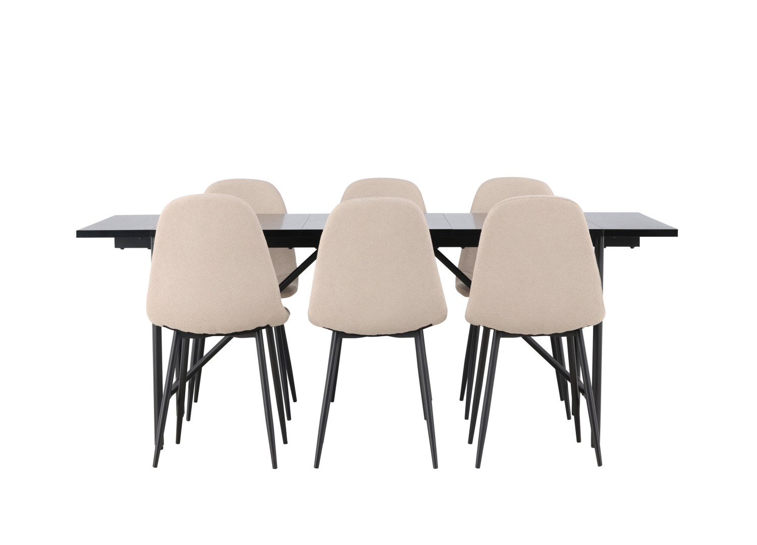 Vue produit de l’ensemble table rectangulaire Astrid avec 6 chaises Polar