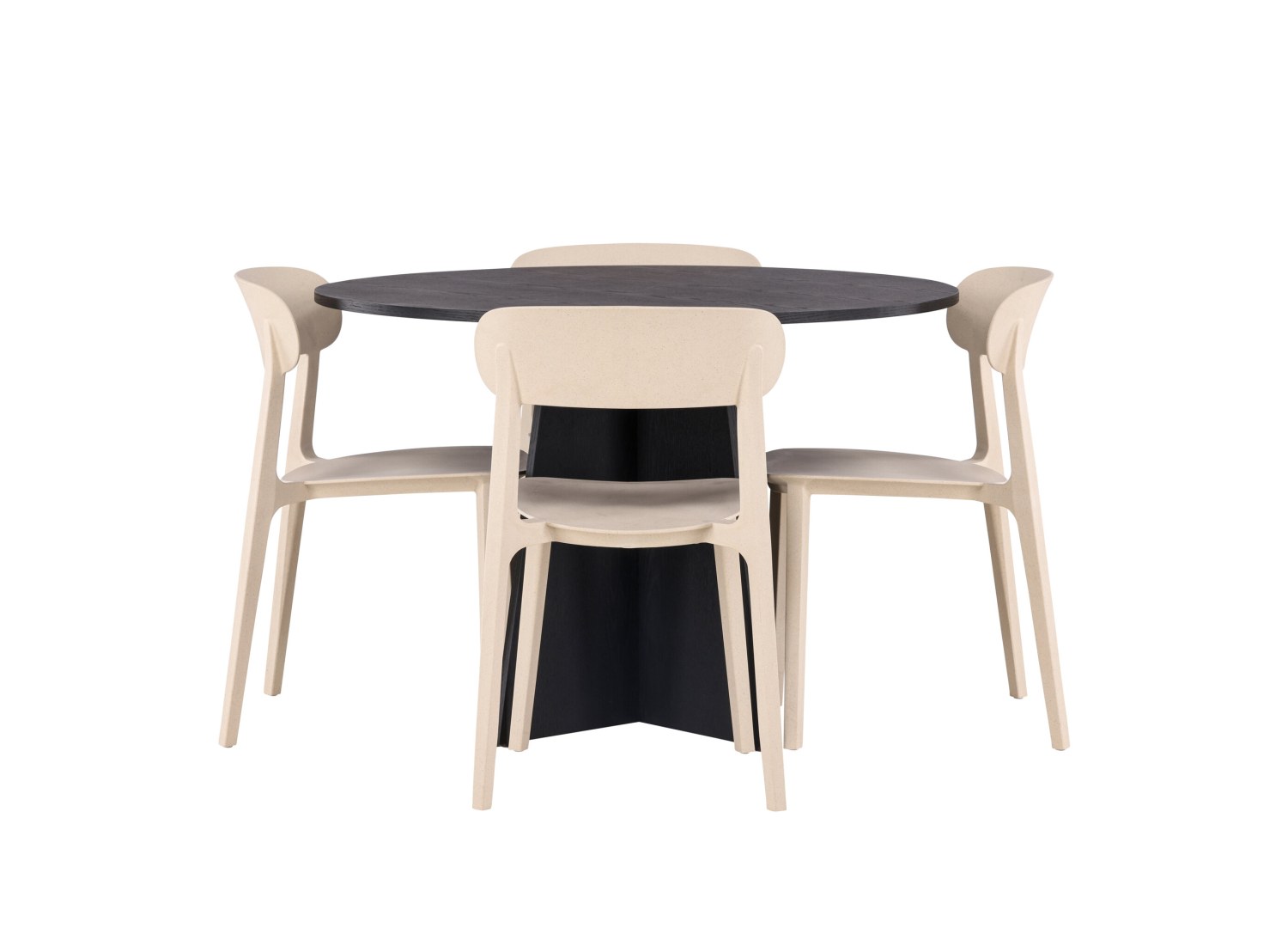 Vue produit de l’ensemble table ronde Bootcut avec 4 chaises Åstol
