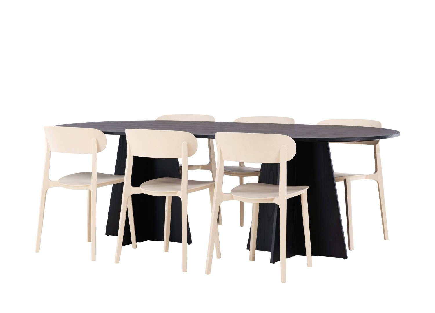 Détail produit de l’ensemble repas Bootcut et 6 chaises Åstol