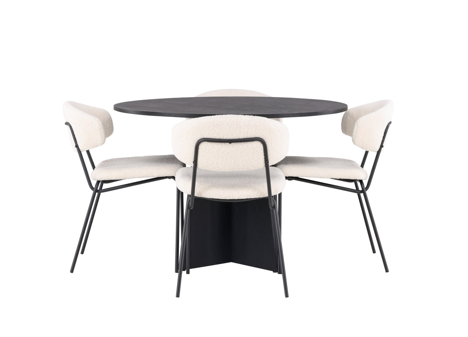 Vue produit de l’ensemble table ronde Bootcut avec 4 chaises Chico