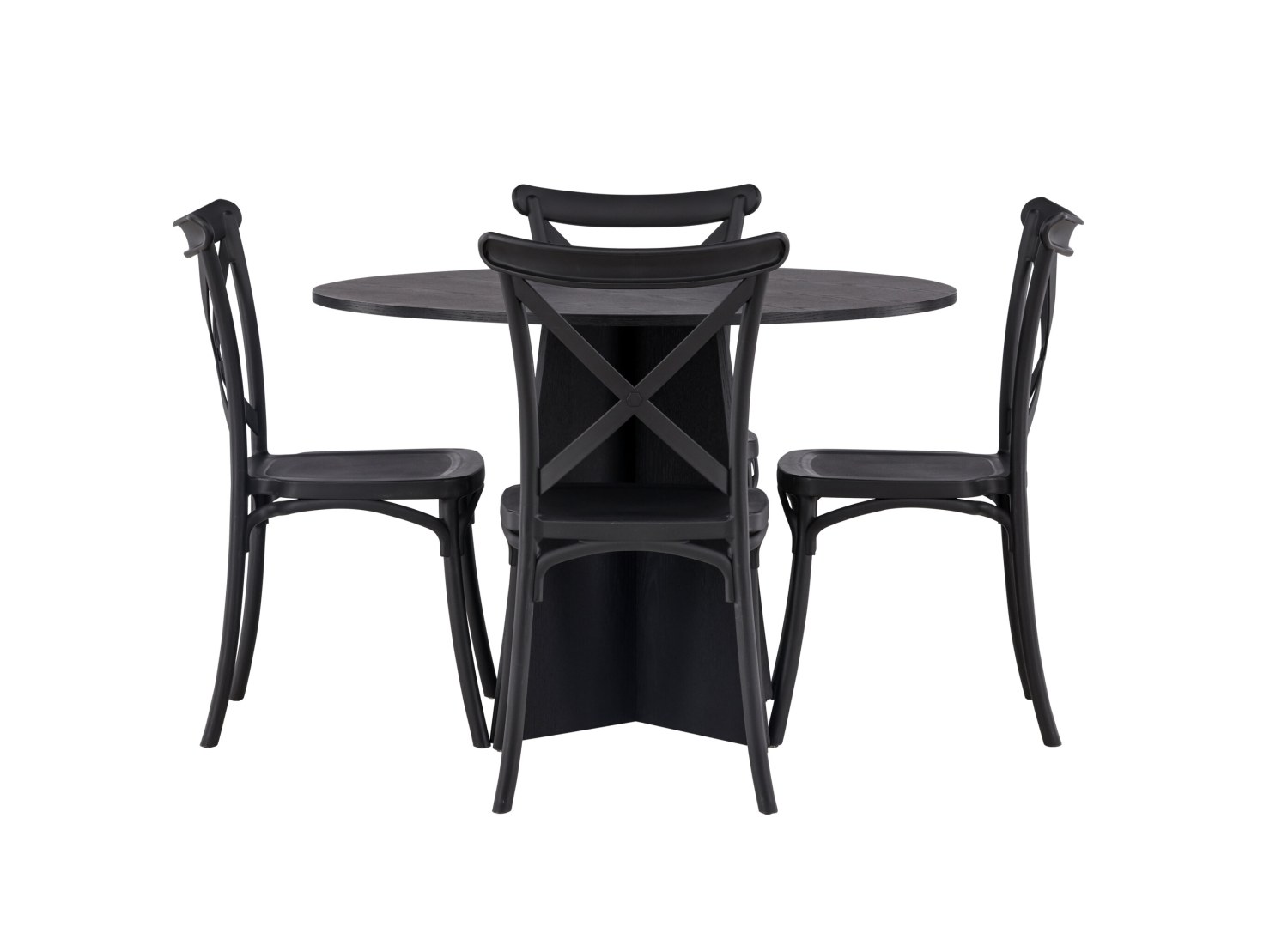 Vue produit de l’ensemble table ronde Bootcut avec 4 chaises Crosett