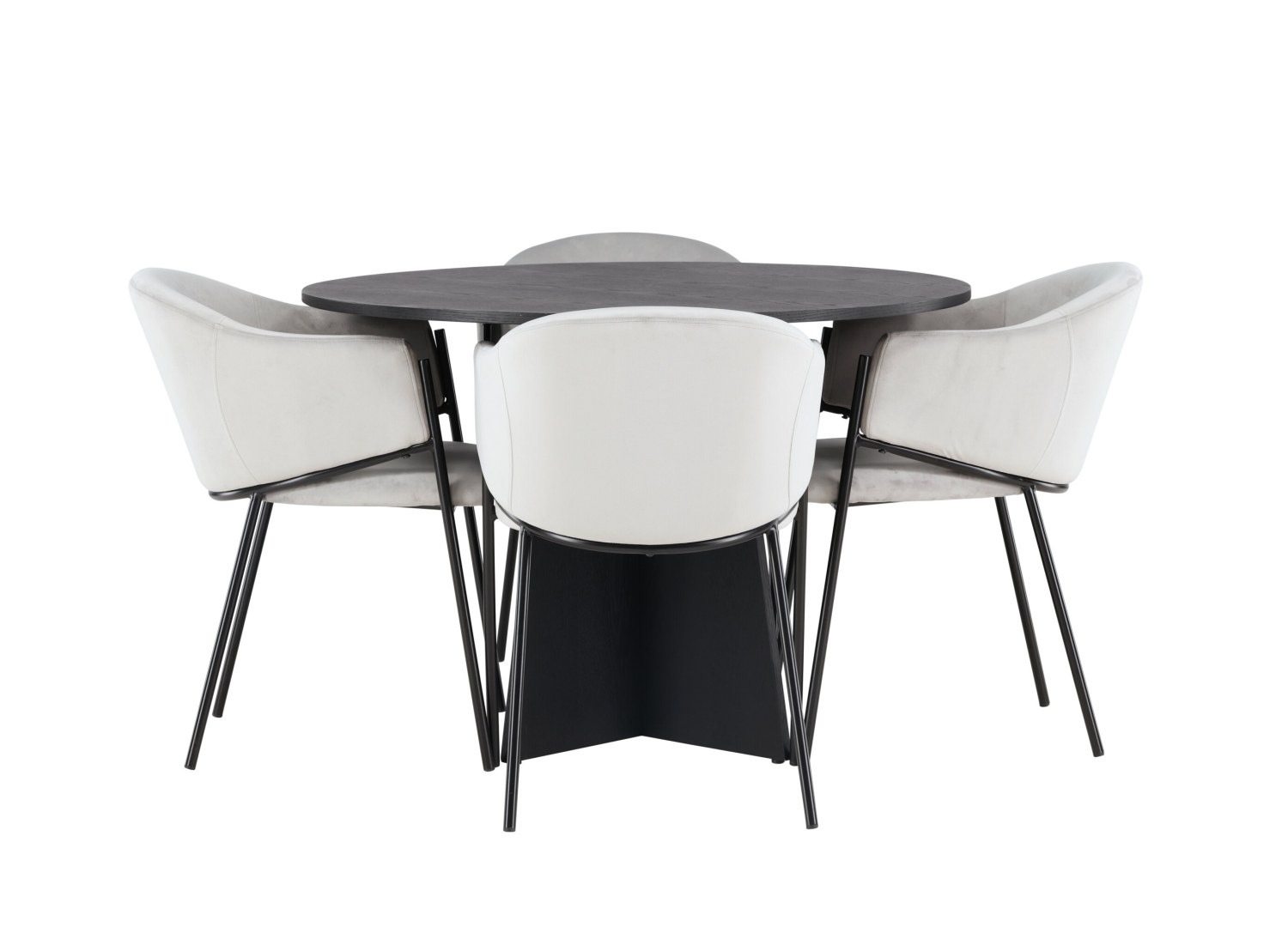 Vue produit de l’ensemble table ronde Bootcut avec 4 chaises Evelina