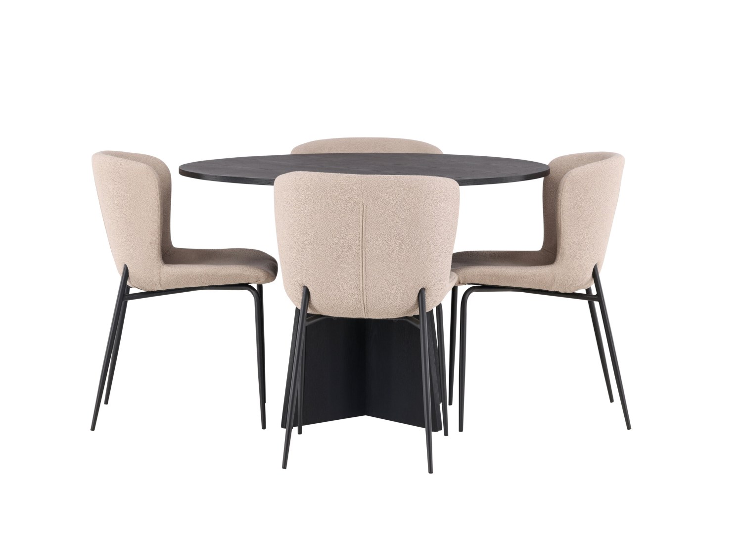 Vue produit de l’ensemble table ronde Bootcut avec 4 chaises Modesto