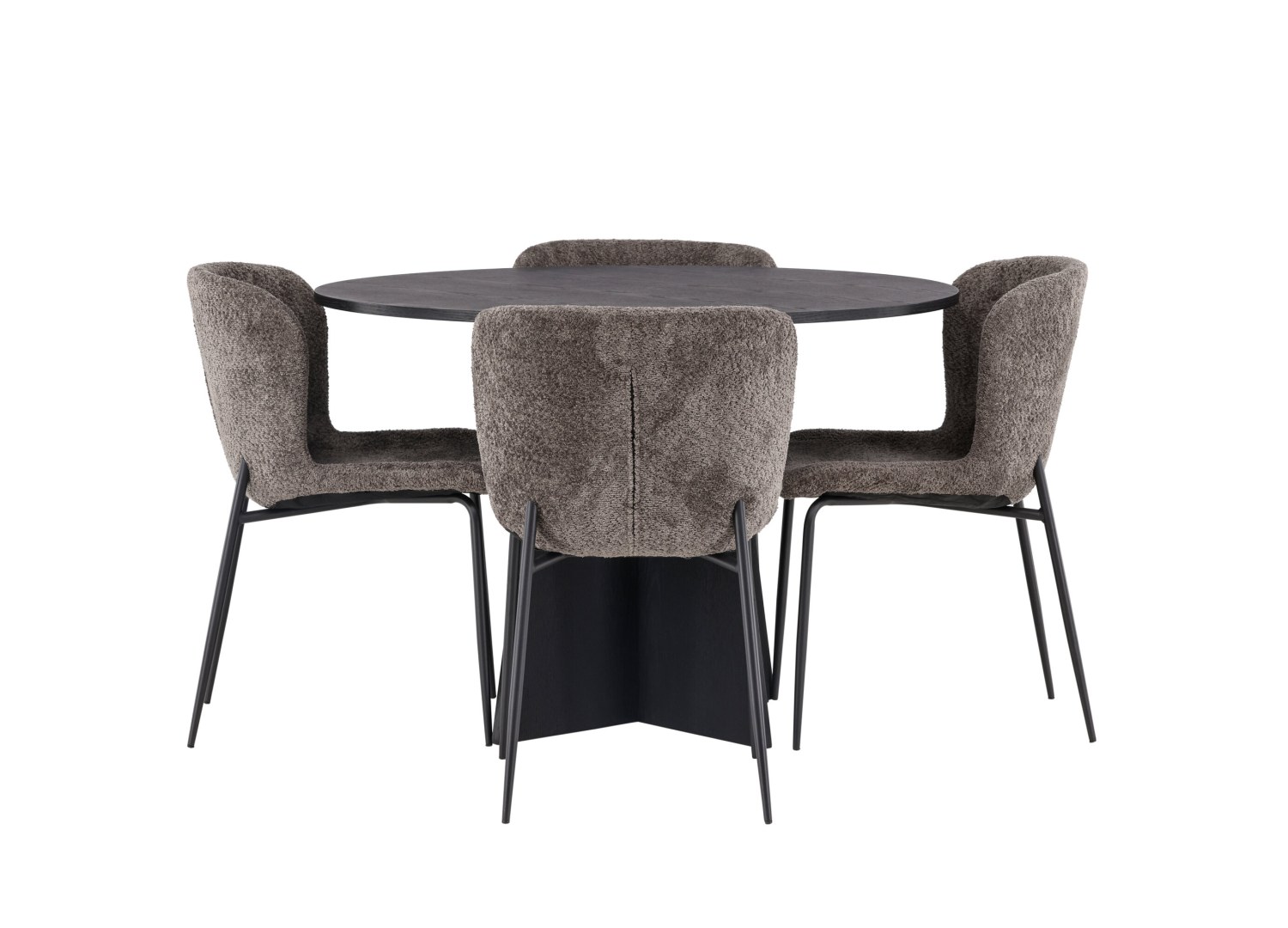 Vue produit de l’ensemble table ronde Bootcut avec 4 chaises Modesto