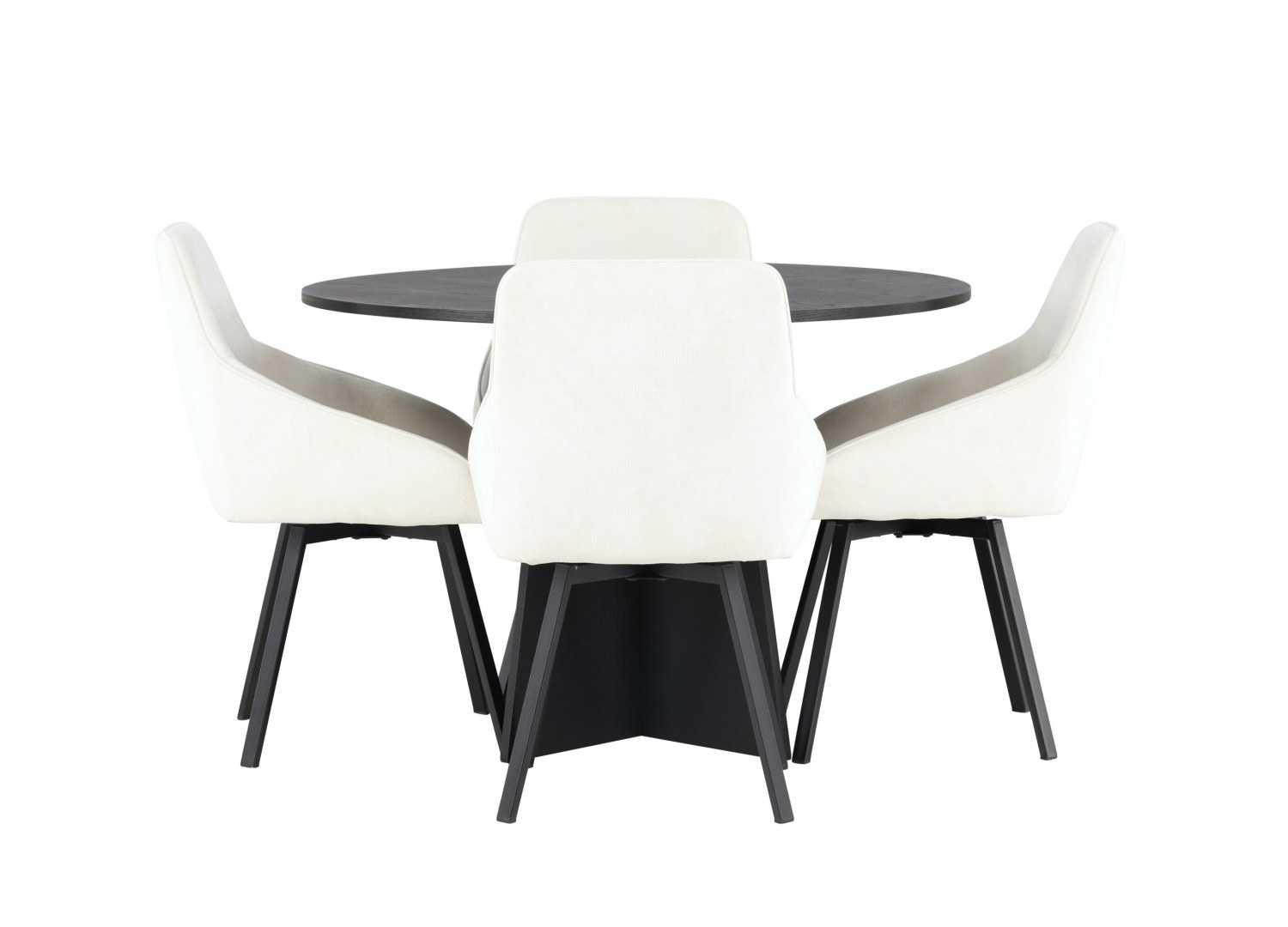 Vue produit de l’ensemble table ronde Bootcut avec 4 chaises Rosie