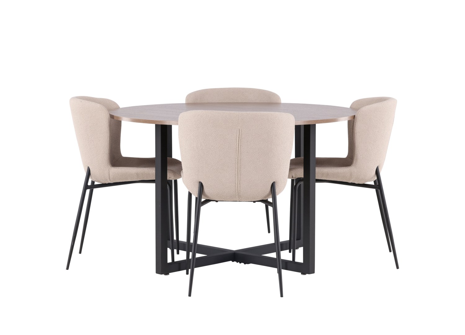 Vue produit de l’ensemble table ronde Durango avec 4 chaises Modesto