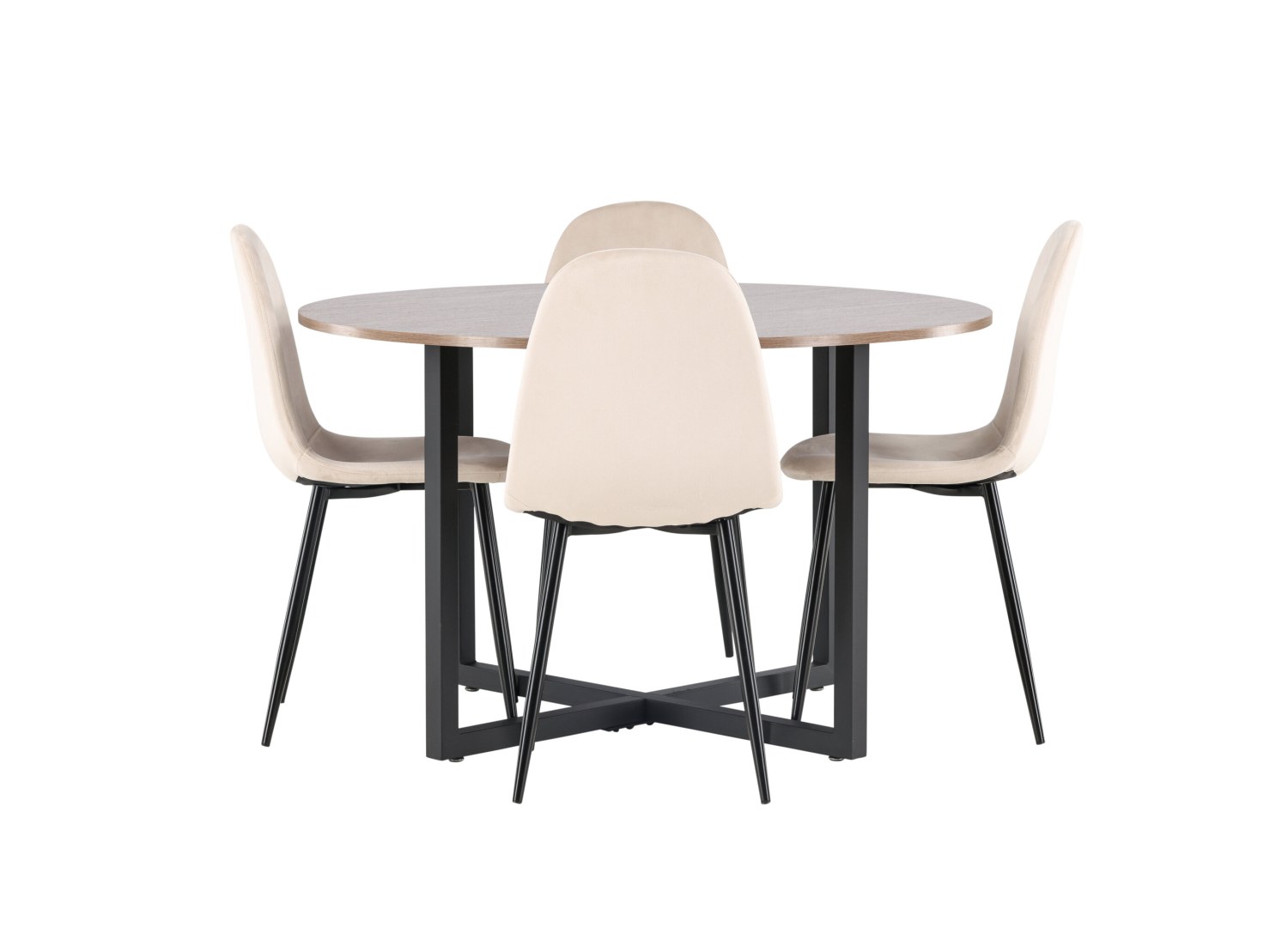 Vue produit de l’ensemble table ronde Durango avec 4 chaises Polar