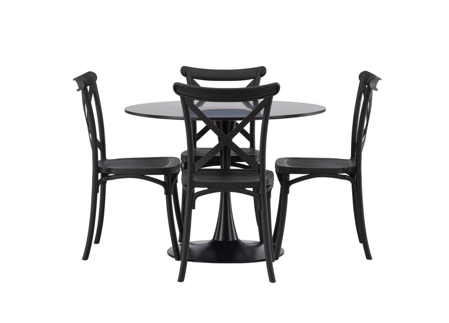 Vue produit de l’ensemble table ronde Glade avec 4 chaises Crosett