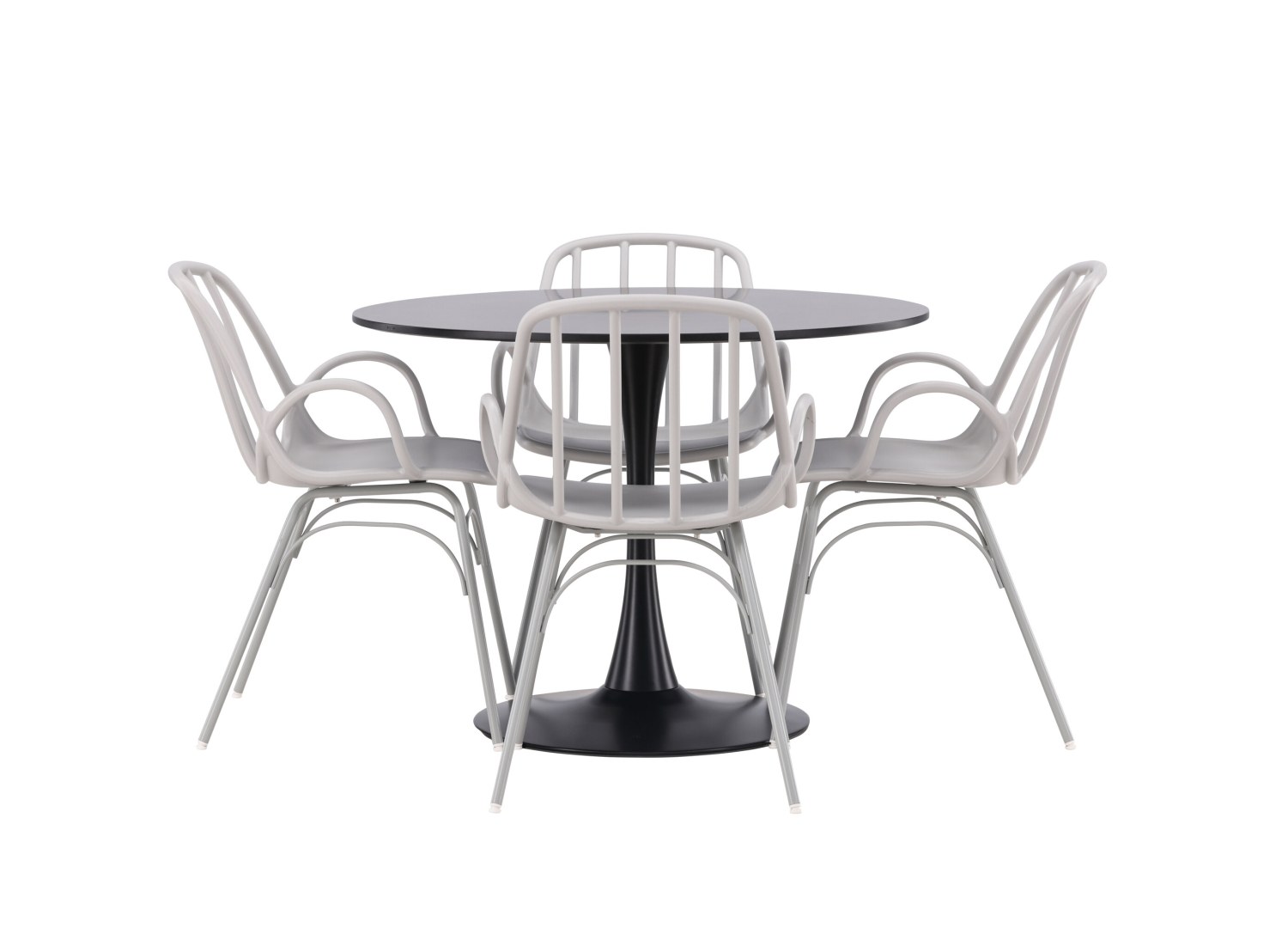 Vue produit de l’ensemble table ronde Glade avec 4 chaises Dyrön