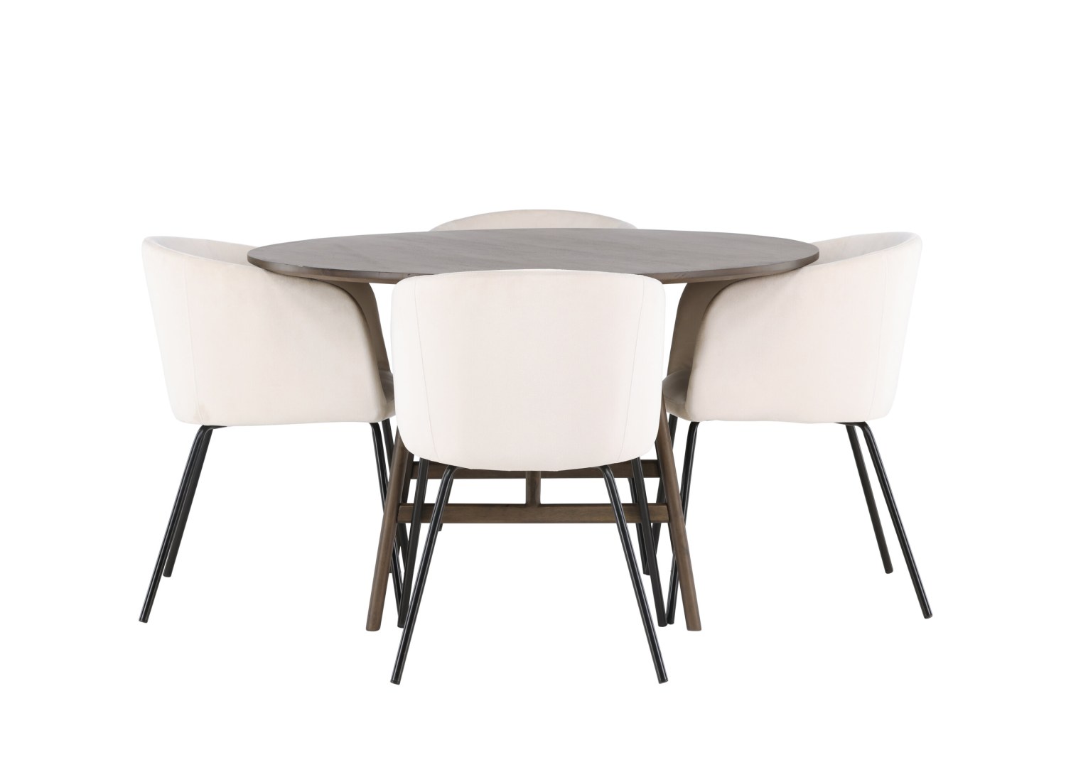 Vue produit de l’ensemble table ronde Kaseidon avec 4 chaises Berit