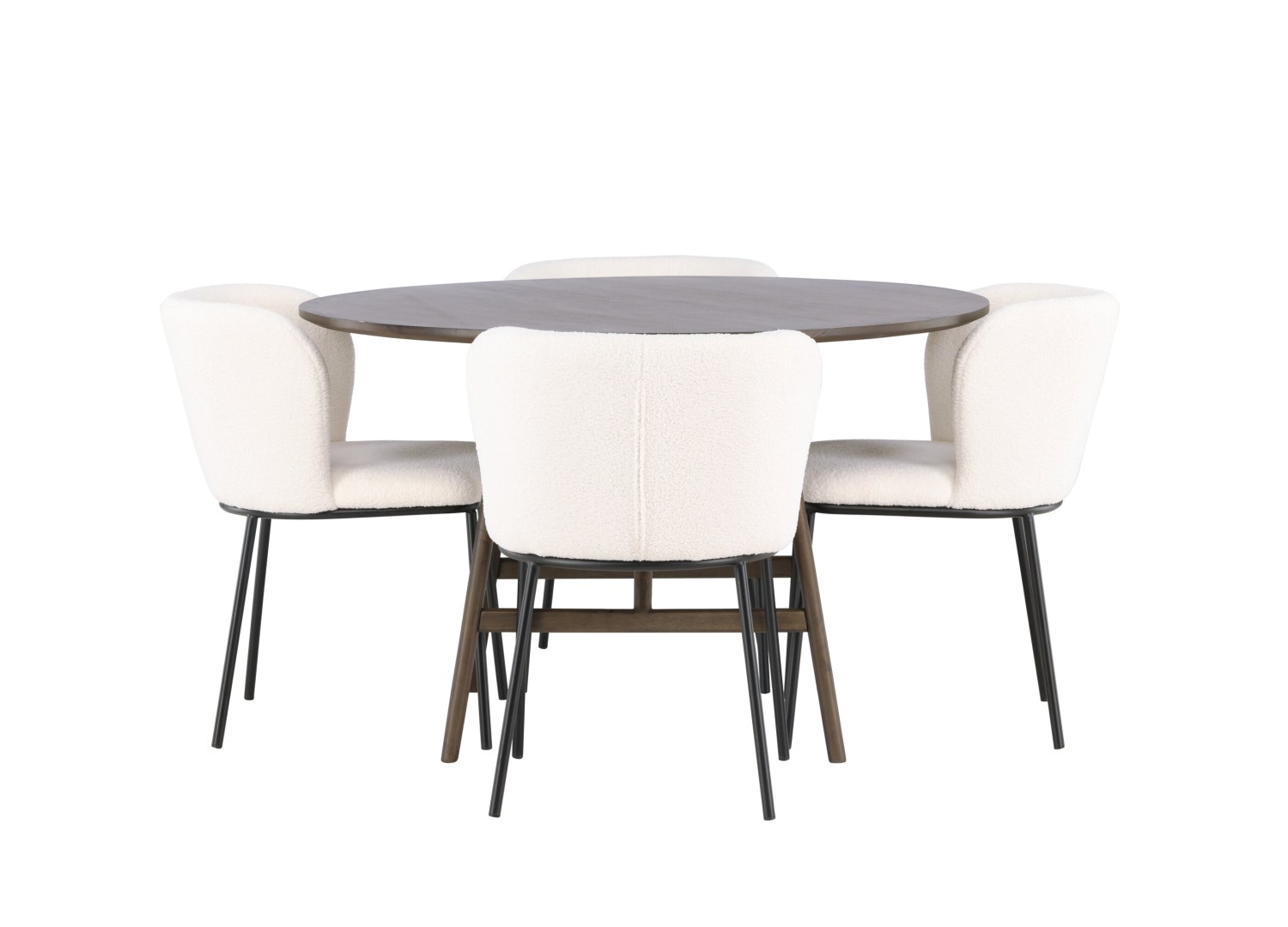 Vue produit de l’ensemble table ronde Kaseidon avec 4 chaises Edina